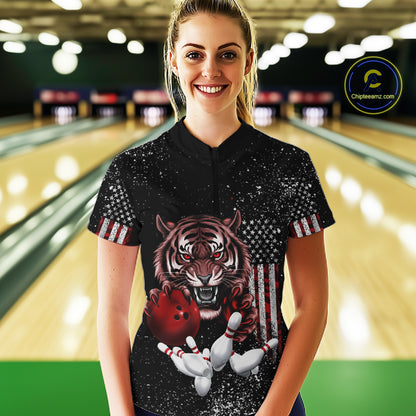 Custom American Flag Bowling Shirt Tiger Bowling Jersey League Polo & 1/4 Zip Bowling for Women QZT835