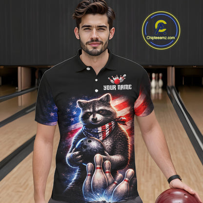 Custom American Flag Raccoon Bowling Shirt Bowling Jersey for Men Patriotic Bowling Polo & 1/4-Zip QZT974