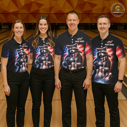 Custom American Flag Raccoon Bowling Shirt Bowling Jersey for Men Patriotic Bowling Polo & 1/4-Zip QZT974