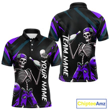 Load image into Gallery viewer, Custom Purple Skull Bowling Team Shirt for Men Polo &amp; 1/4 Zip Bowling League Jersey Bowling Unisex QZT794