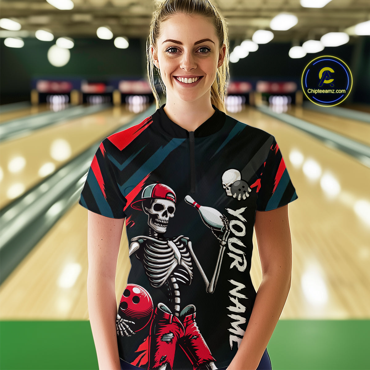 Custom Red Skull Bowling Team Shirt for Women Polo & 1/4 Zip Bowling League Jersey Bowling Gift QZT794