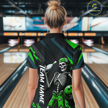 Custom Green Skull Bowling Team Shirt for Women Polo & 1/4 Zip Bowling League Jersey Bowling Gift QZT794