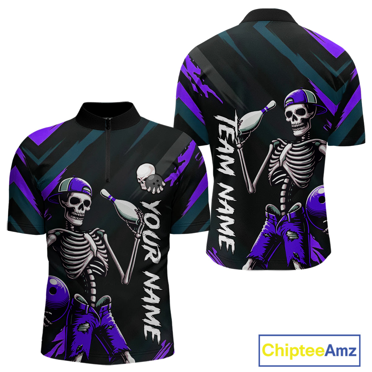 Custom Purple Skull Bowling Team Shirt for Men Polo & 1/4 Zip Bowling League Jersey Bowling Unisex QZT794