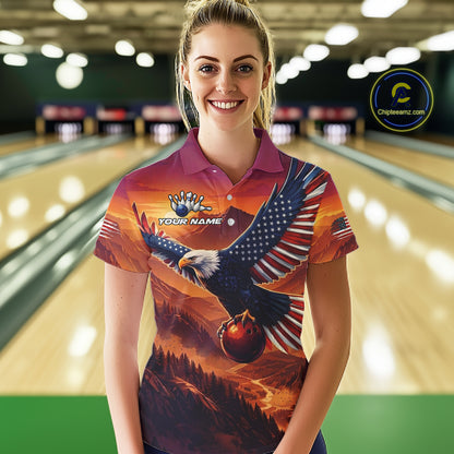 Custom American Eagle Bowling Shirt for Women Sunset Bowling Jersey Patriotic QZT975