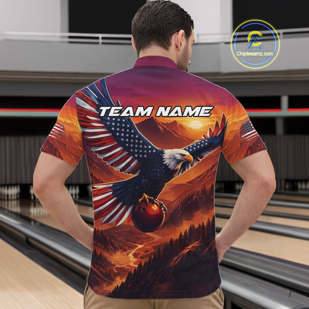 Custom American Eagle Bowling Shirt for Men Sunset Bowling Jersey Patriotic Bowling Outfit QZT975
