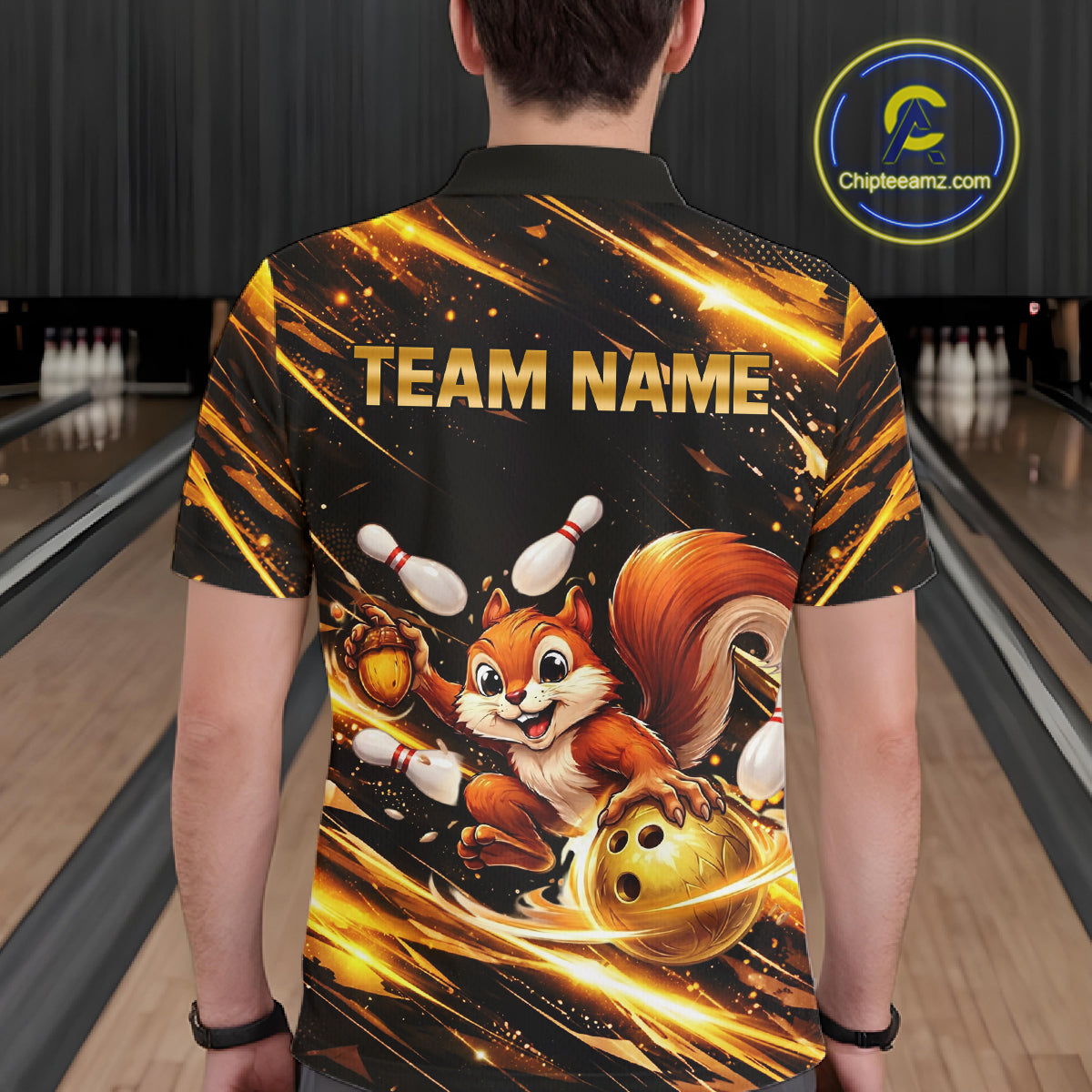 Back & Gold Squirrel Bowling Team Shirt for Men Custom Funny Bowling Jersey Polo & 1/4-Zip Bowling Outfit QZT980