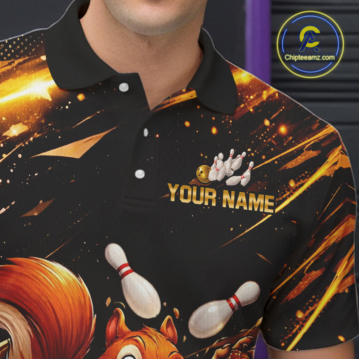 Back & Gold Squirrel Bowling Team Shirt for Men Custom Funny Bowling Jersey Polo & 1/4-Zip Bowling Outfit QZT980