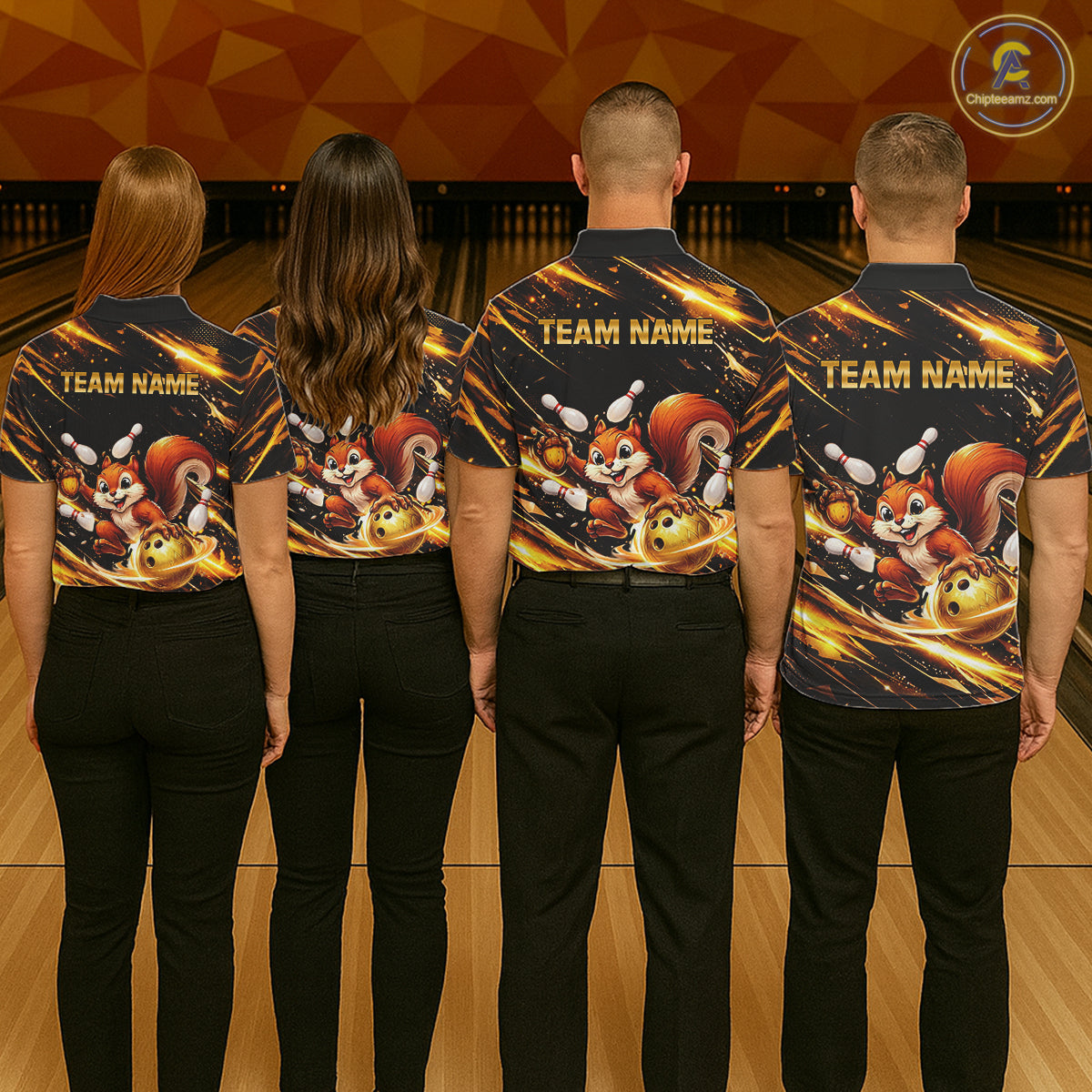 Back & Gold Squirrel Bowling Team Shirt for Women Custom Funny Bowling Jersey Polo & 1/4-Zip QZT980