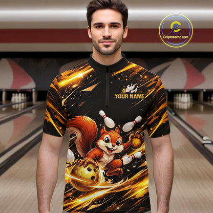Back & Gold Squirrel Bowling Team Shirt for Men Custom Funny Bowling Jersey Polo & 1/4-Zip Bowling Outfit QZT980