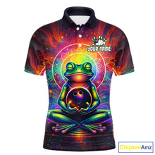 Load image into Gallery viewer, Front view custom frog bowling polo shirt featuring a vibrant neon frog with bowling ball, glowing cosmic background and colorful psychedelic pattern