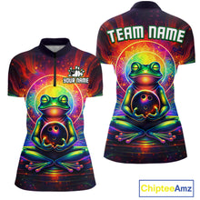 Load image into Gallery viewer, Front and back view custom zen frog bowling quarter-zip shirt featuring a vibrant neon frog with bowling ball, glowing cosmic background and colorful psychedelic design