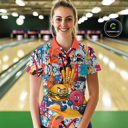 Custom Graffiti Funny Fast Food Bowling Shirt Bowling Team Jersey for Women Bowling Outfit QZT798