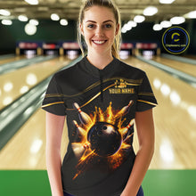 Load image into Gallery viewer, A woman wearing a black bowling-themed short-sleeve quarter-zip shirt with a gold crown and bowling ball graphic, standing in a bowling alley. The shirt features 'YOUR NAME' text on the chest and a circular 'Chilewich.