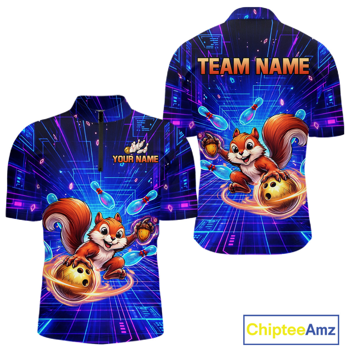Custom Neon Funny Squirrel Bowling Shirt for Men Bowling Team Jersey Polo & Quarter-Zip Bowling Outfit QZT981