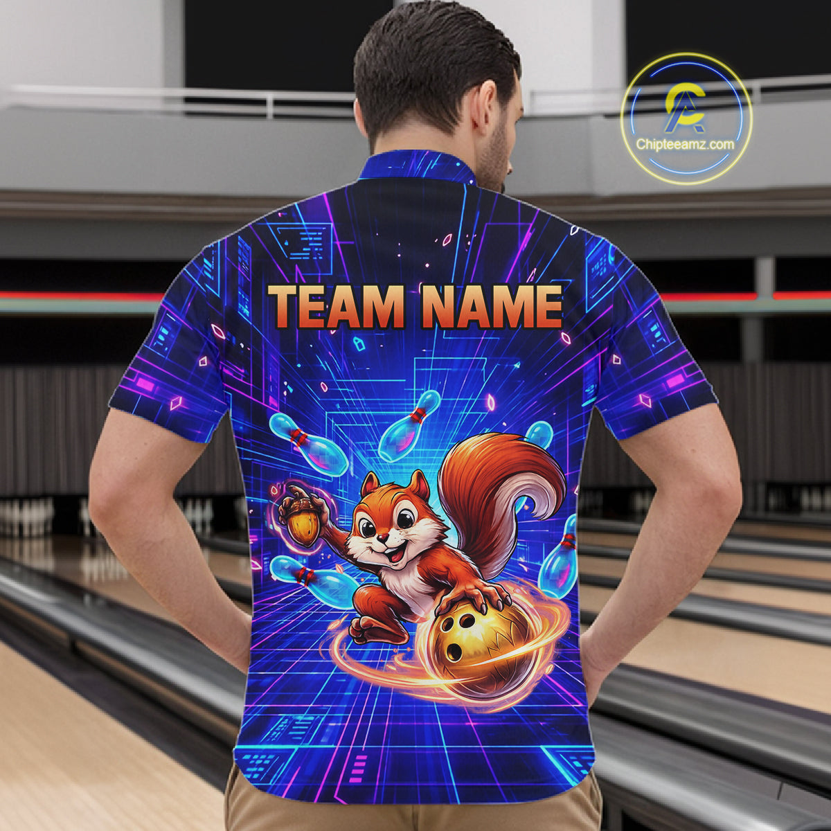 Custom Neon Funny Squirrel Bowling Shirt for Men Bowling Team Jersey Polo & Quarter-Zip Bowling Outfit QZT981