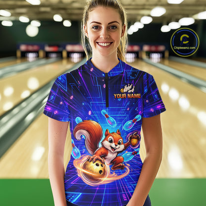 Custom Neon Funny Squirrel Bowling Shirt for Women Bowling Team Jersey Polo & Quarter-Zip Bowling Outfit QZT981