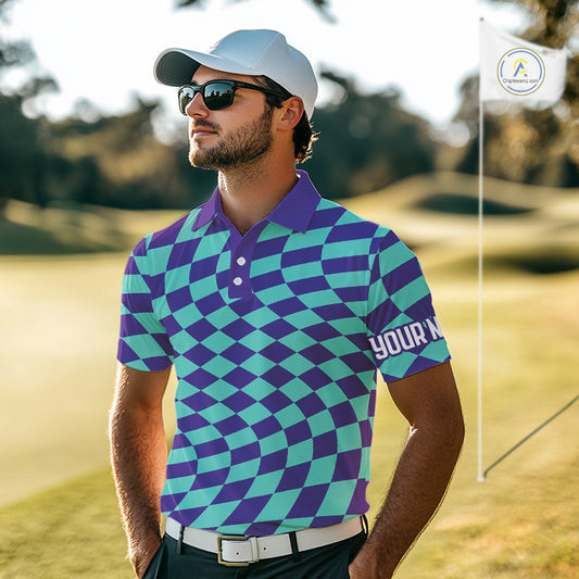 Plaid Mens Golf Polo Shirt Custom Purple & Blue Checkerboard Argyle Pattern Golf Shirts For Men NHN0129