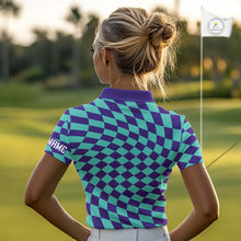 Load image into Gallery viewer, Plaid Womens Golf Polo Shirt Custom Purple &amp; Blue Checkerboard Argyle Pattern Golf Shirts For Ladies NHN0129
