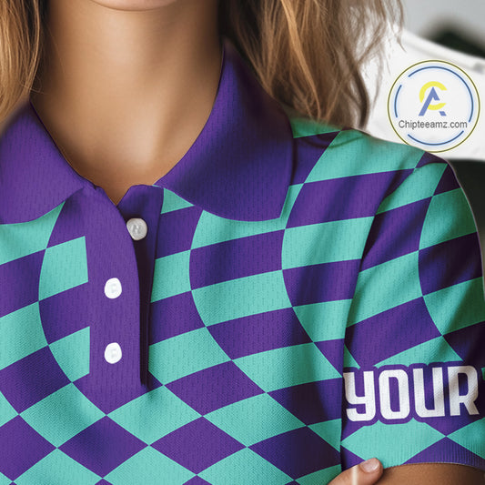 Plaid Womens Golf Polo Shirt Custom Purple & Blue Checkerboard Argyle Pattern Golf Shirts For Ladies NHN0129