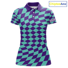 Load image into Gallery viewer, Plaid Womens Golf Polo Shirt Custom Purple &amp; Blue Checkerboard Argyle Pattern Golf Shirts For Ladies NHN0129