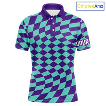 Load image into Gallery viewer, Plaid Mens Golf Polo Shirt Custom Purple &amp; Blue Checkerboard Argyle Pattern Golf Shirts For Men NHN0129