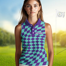 Load image into Gallery viewer, Plaid Womens Sleeveless Golf Polo Shirts Custom Purple &amp; Blue Checkerboard Argyle Pattern Golf Shirt NHN0129