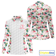 Load image into Gallery viewer, Womens Long Sleeve Golf Polo Shirt Floral Flamingo Pattern Tropical Leaves Custom Team Golf Polo NHN0021