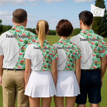 Custom Mens Golf Polo Shirt Green Tropical Pink Flamingo Pattern Personalized Team Golf Top NHN0023