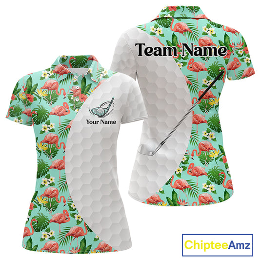 Custom Womens Golf Polo Shirt, Green Tropical Pink Flamingo Pattern Personalized Ladies Golf Top NHN0023