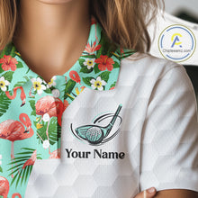 Load image into Gallery viewer, Custom Womens Golf Polo Shirt, Green Tropical Pink Flamingo Pattern Personalized Ladies Golf Top NHN0023