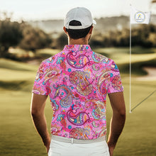 Load image into Gallery viewer, Pink Paisley Pattern Mens Golf Polo Shirt Custom Tropical Golf Attire For Men, Golf Gifts NHN0149