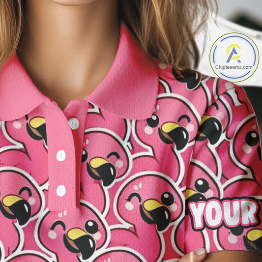 Pink Flamingo Pattern Womens Golf Polo Shirts Custom Name Funny Team Ladies Golf Tops, Golf Gifts NHN0160