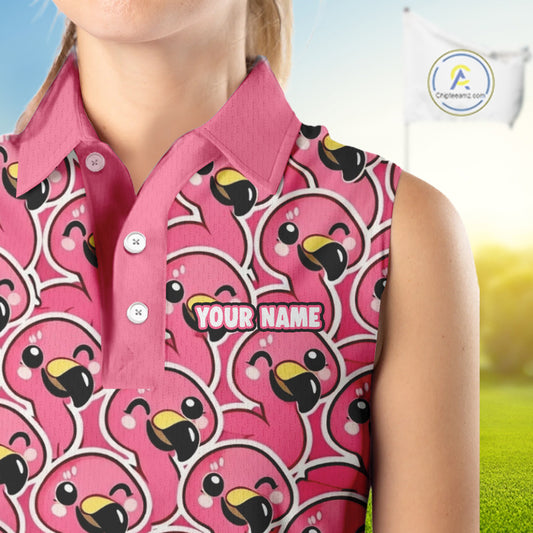Pink Flamingo Pattern Womens Sleeveless Golf Polo Shirts Custom Name Funny Team Ladies Golf Tops NHN0160