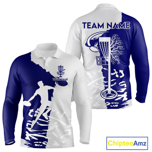 Mens Disc Golf Polo Shirt Custom Name White And Blue Disc Golf Basket Personalized Disc Golf Shirts NHN0033