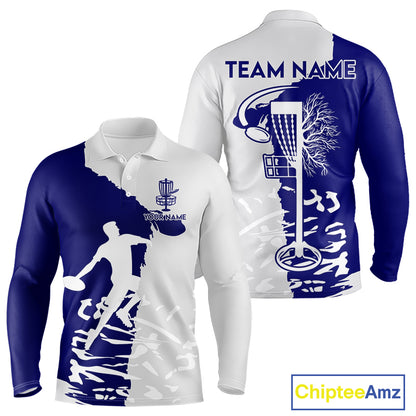 Mens Long Sleeve Disc Golf Polo Shirt Custom Name White And Blue Disc Golf Basket Disc Golf Shirts NHN0033