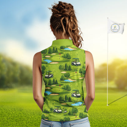 Womens Sleeveless Golf Polo Shirt Custom Gofl Ball Green Golf Course Pattern Team Golf Tops NHN0163