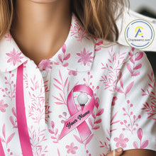 Load image into Gallery viewer, Pink Plaid Womens Golf Polo Shirt Custom Pink Ribbon Breast Cancer Awareness Team Golf Tops NHN0164
