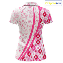 Load image into Gallery viewer, Pink Plaid Womens Golf Polo Shirt Custom Pink Ribbon Breast Cancer Awareness Team Golf Tops NHN0164