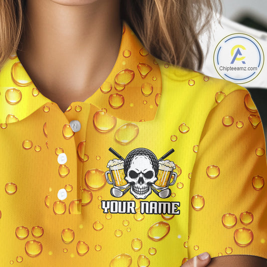 Beer Skull Womens Golf Polo Shirt Custom Name Funny Team Golf Tops For Ladies, Golfer Gifts NHN0166