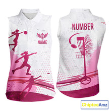 Load image into Gallery viewer, Pink Disc Golf Basket Womens Sleeveless Polo Shirt Custom Name &amp; Number Team Disc Golf Shirt NHN0035