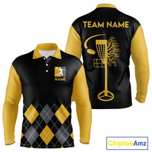 Load image into Gallery viewer, Argyle Pattern Mens Disc Golf Polo Shirt Yellow Disc Golf Basket Quarter Zip With Custom Name &amp; Number NHN0036