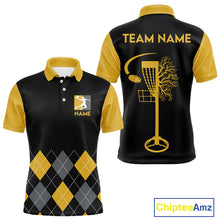 Load image into Gallery viewer, Argyle Pattern Mens Disc Golf Polo Shirt Yellow Disc Golf Basket Quarter Zip With Custom Name &amp; Number NHN0036