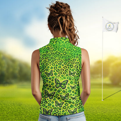 Womens Sleeveless Golf Polo Shirt Colorful Green Leopard Print Custom Butterfly Team Ladies Golf Tops NHN0171