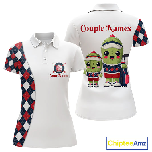 Matching Golf Polo Shirts For Couples Custom Red and Blue Argyle Pattern Golf Ball Cactus Golf Shirts NHN0040