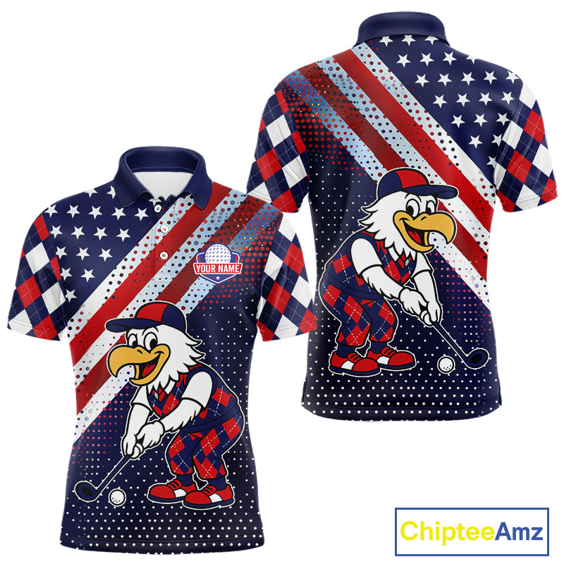 Funny American Flag Eagle Mens Golf Polo Shirts Patriotic Red & Blue Argyle Pattern Golf Ball Custom NHN0044