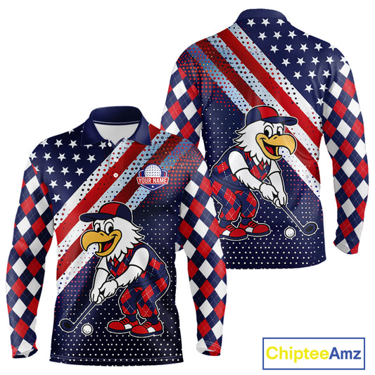 Funny American Flag Eagle Mens Long Sleeve Polo Golf Shirts Patriotic Red & Blue Argyle Pattern Golf Ball Custom NHN0044