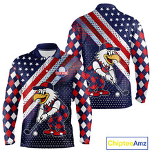 Load image into Gallery viewer, Funny American Flag Eagle Mens Long Sleeve Polo Golf Shirts Patriotic Red &amp; Blue Argyle Pattern Golf Ball Custom NHN0044