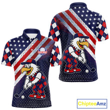 Load image into Gallery viewer, Funny American Flag Eagle Mens Golf Polo Shirts Patriotic Red &amp; Blue Argyle Pattern Golf Ball Custom NHN0044