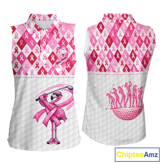 Womens Sleeveless Golf Polo Shirt Custom Flamingo Ribbon Plaid Pattern, Breast Cancer Awareness Golf NHN0177