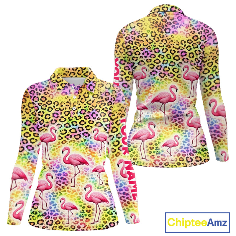 Flamingo Womens Long Sleeve Golf Polo Shirt Colorful Rainbow Leopard Print Pattern Custom Team Golf Top NHN0181